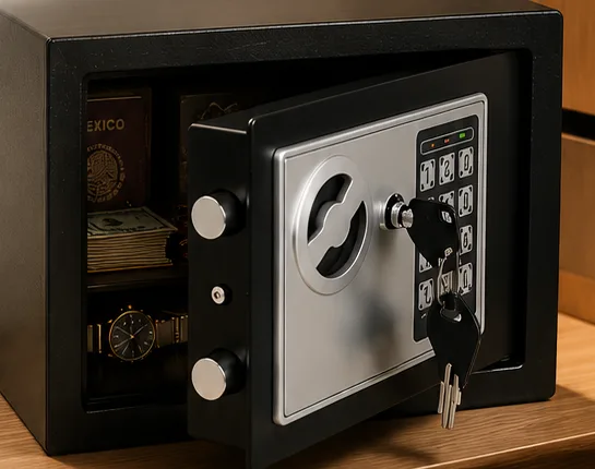 Caja de seguridad digital VEOM abierta, mostrando efectivo, documentos y un reloj protegidos en su interior