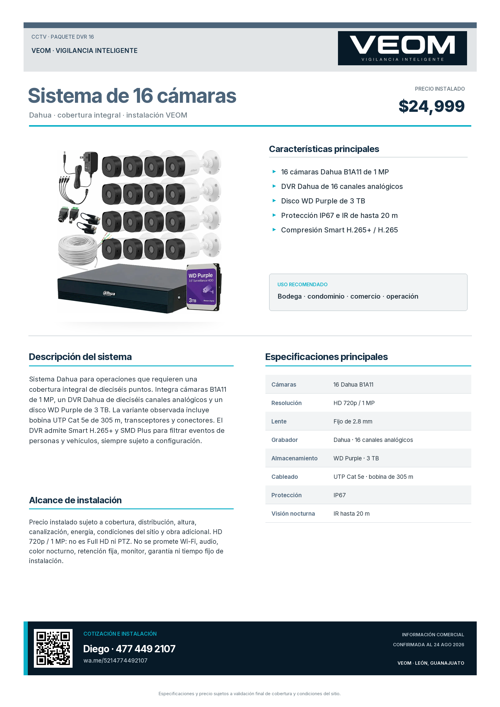 Ficha técnica del sistema DVR 16 cámaras