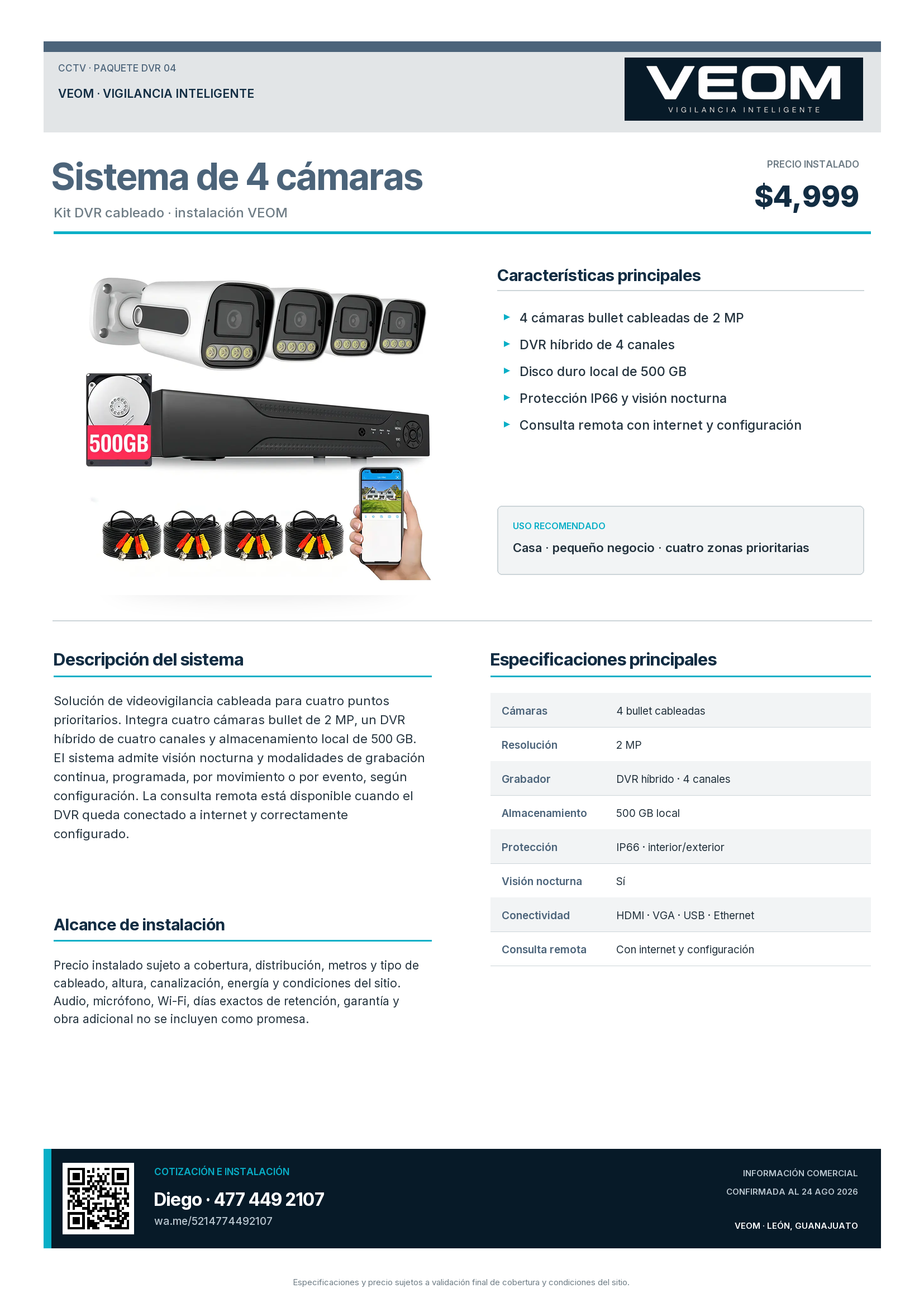 Ficha técnica del sistema DVR 4 cámaras