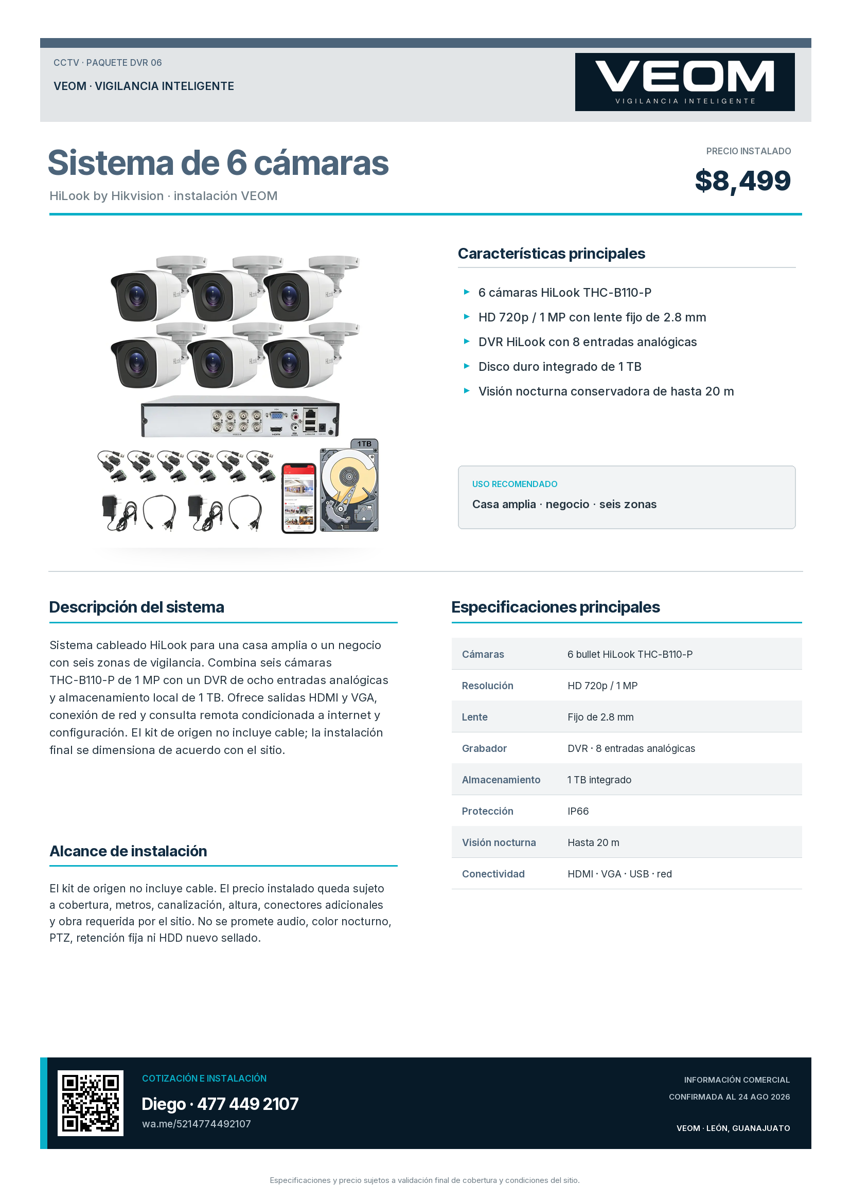 Ficha técnica del sistema DVR 6 cámaras