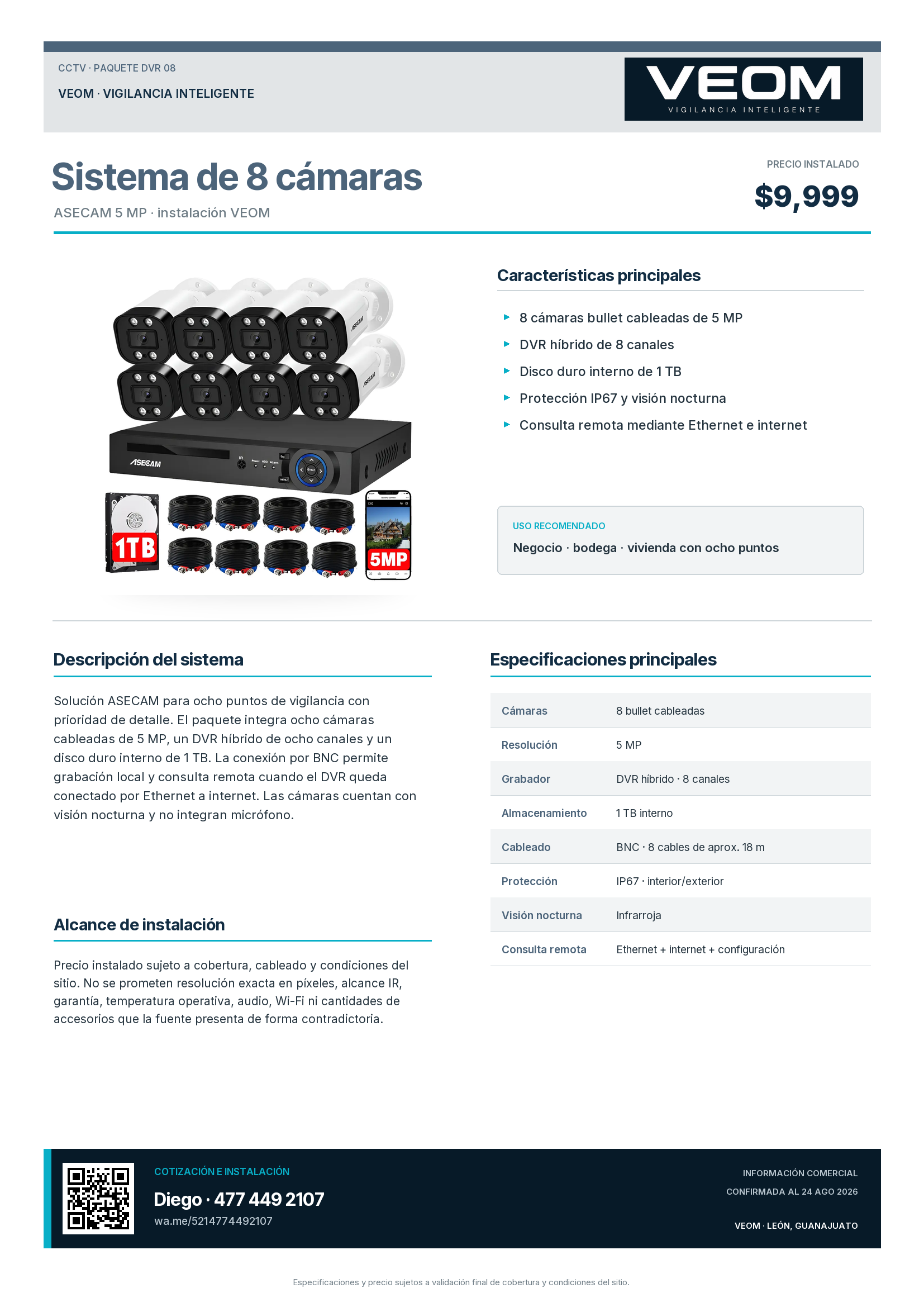 Ficha técnica del sistema DVR de 8 cámaras VEOM